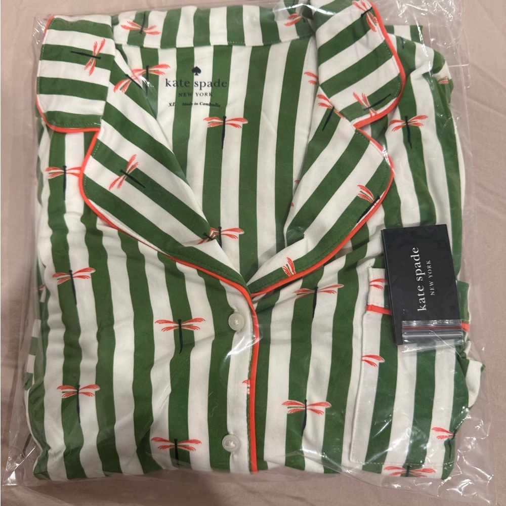 kate spade Green and White Striped Short Pajama Set with Coral Trim - Picture 8 of 8